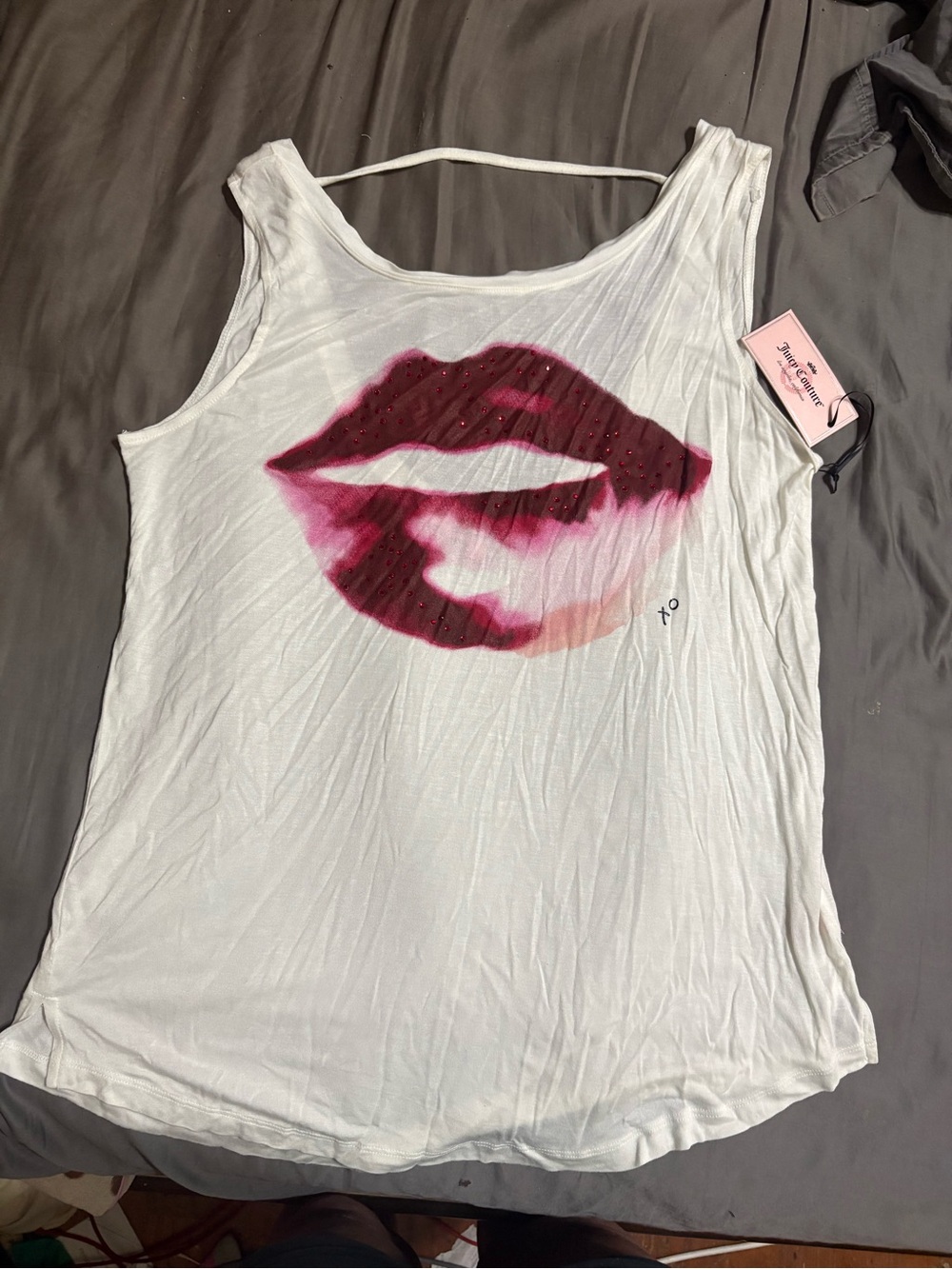 Juicy Couture White Tank Top with Pink Ombre Lip Graphic and red crystals on lip